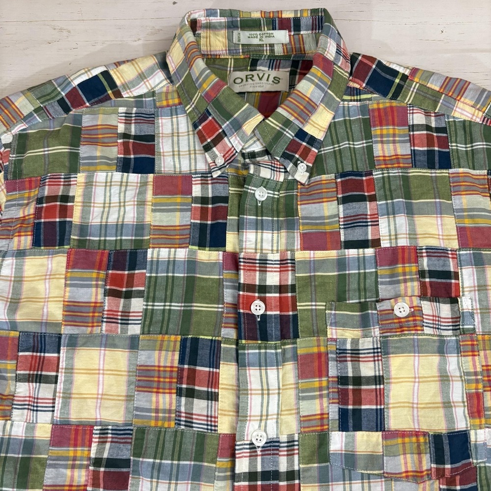 Orvis Madras Patchwork Shirt Mens XL Multicolor Plaid Short Sleeve Cotton - Picture 2 of 7